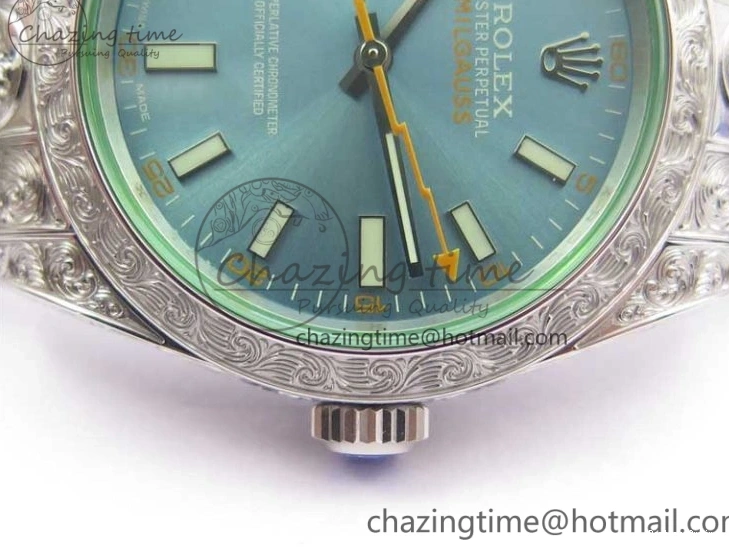 0514 Contemporary Milgauss 116400 904L Engraved SS DJF 11 Best Edition Blue Dial on 904L Engraved SS Bracelet A2836 (Real Green Sapphire Crystal) 3068